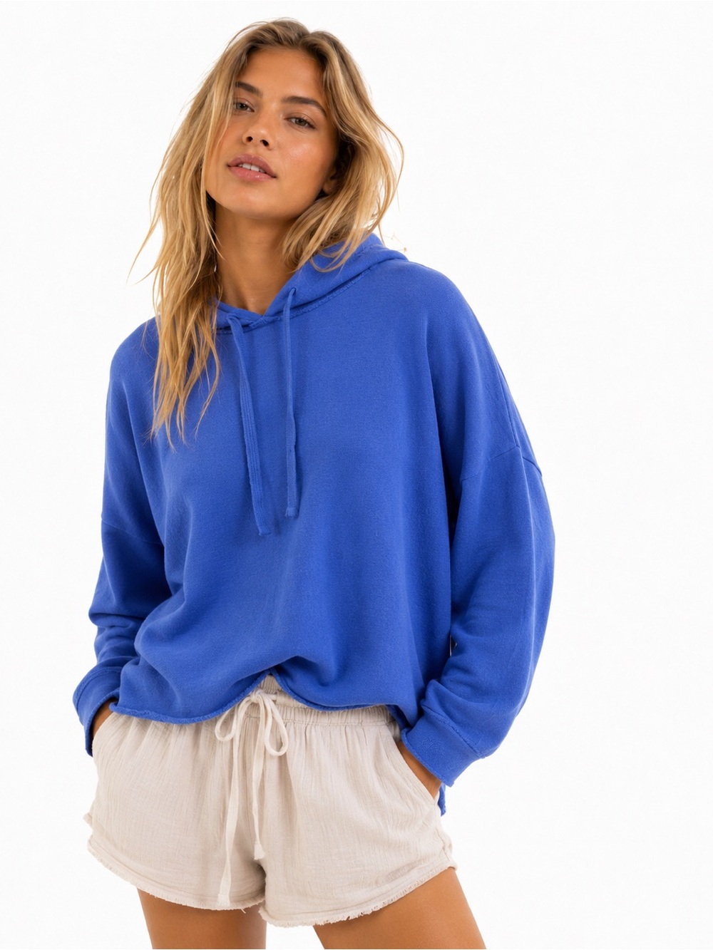 Johnnie-O Kelli Royal Blue Hooded Pullover Sweatshirt Raw Hem NWT Small